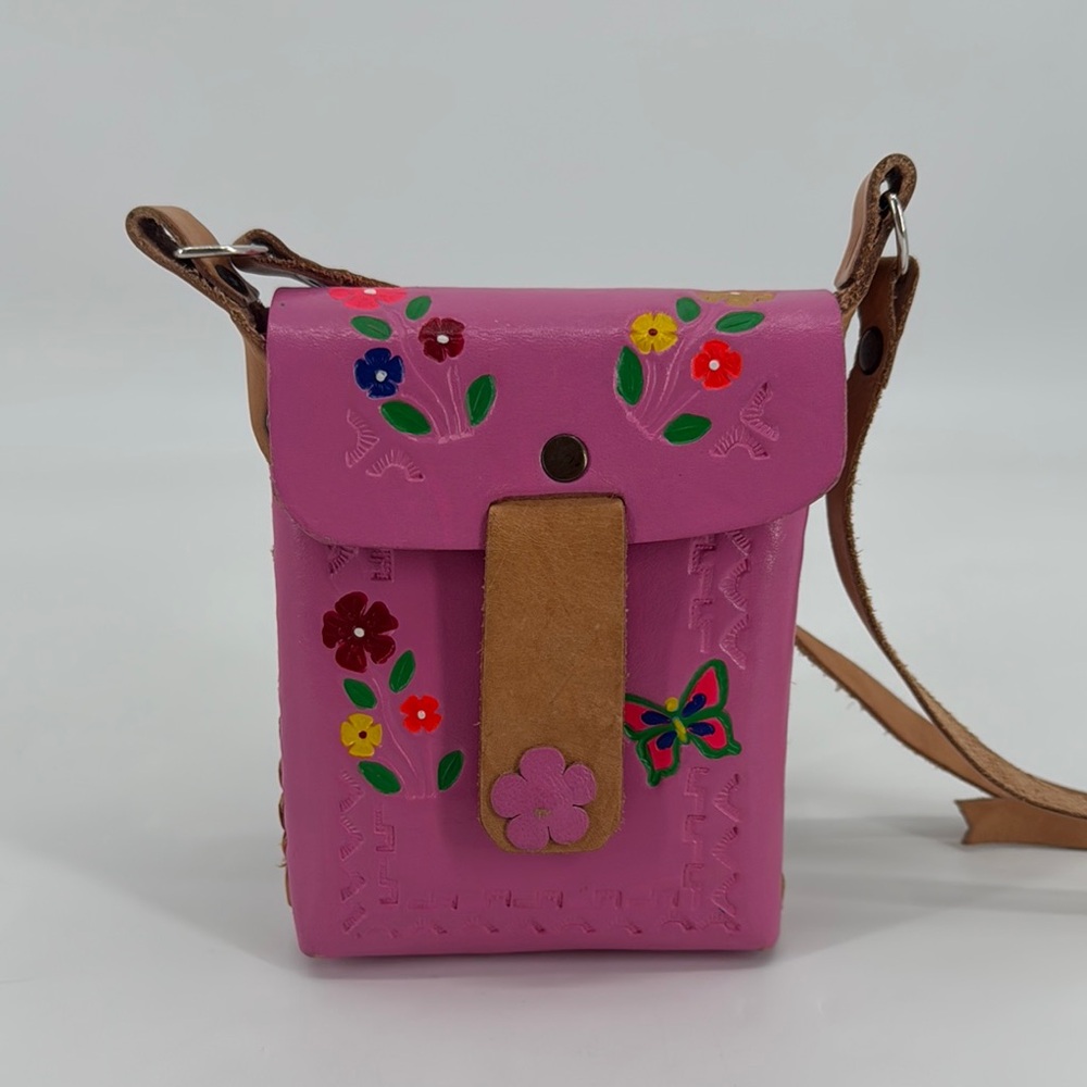Vintage Artisan Artsy Tooled Leather Floral Butterfly Made In Mexico Crossbody - Picture 14 of 14